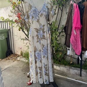 Vintage Cream Maxi Dress with Blue Floral Print